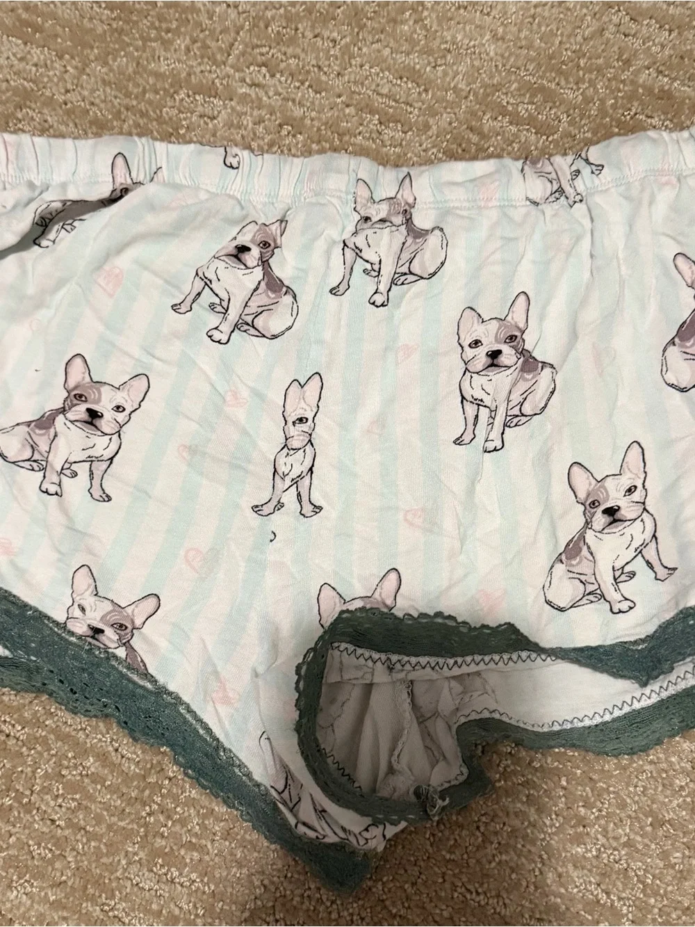 PJ Salvage Light Blue Striped Bulldog Print Shorts with Green Trim